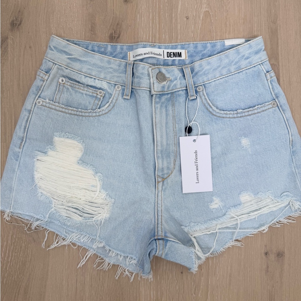 NWT Lovers + Friends X Revolve Distressed Light Blue Jean Shorts size 26